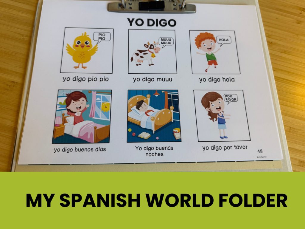 Printable Spanish vocabulary page from My Spanish World Folder titled ‘Yo Digo,’ showing illustrated phrases like yo digo hola, yo digo por favor, and yo digo buenos días for kids learning Spanish
