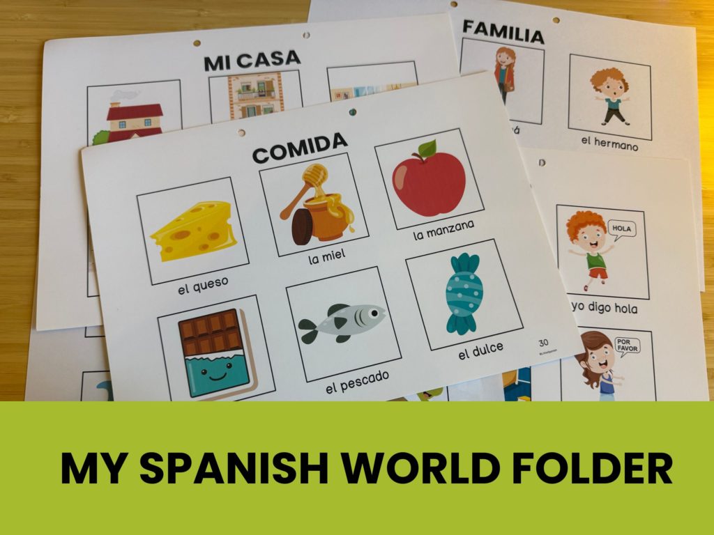 Printable Spanish learning folder for kids showing illustrated vocabulary pages from My Spanish World Folder, including topics like family, food, and home with colorful pictures labeled in Spanish.