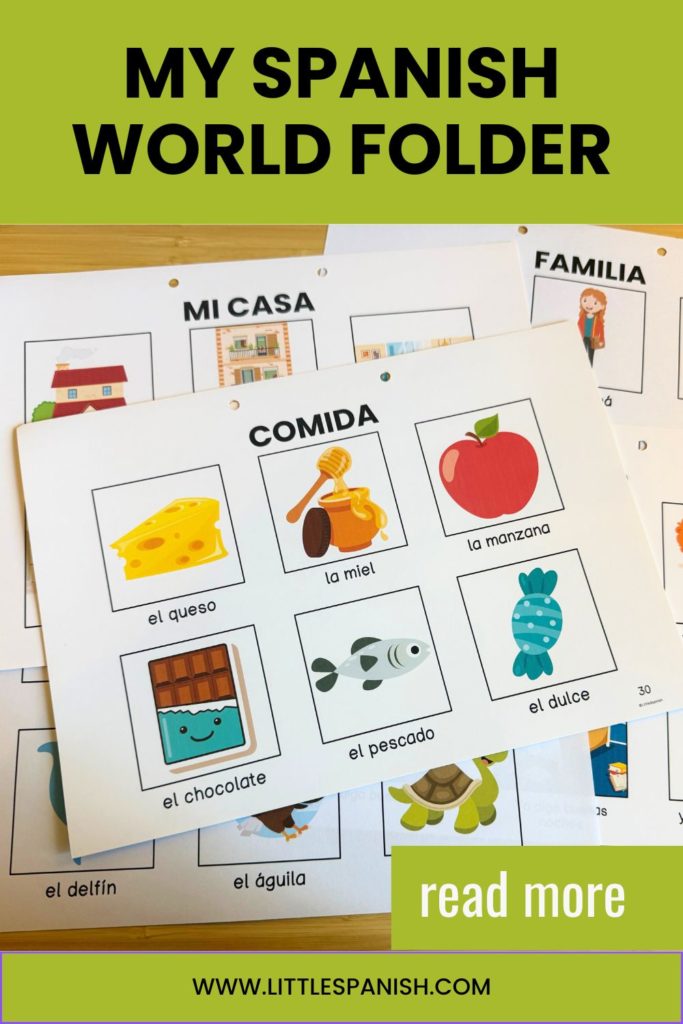 Printable Spanish learning binder for kids titled My Spanish World Folder, showing illustrated vocabulary pages on food, home, and family in Latin American Spanish with colorful pictures and labels